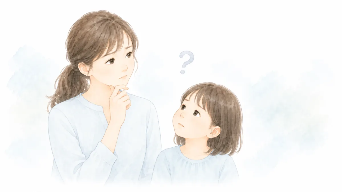 首をかしげて考える保護者と、見上げる子どものイメージ