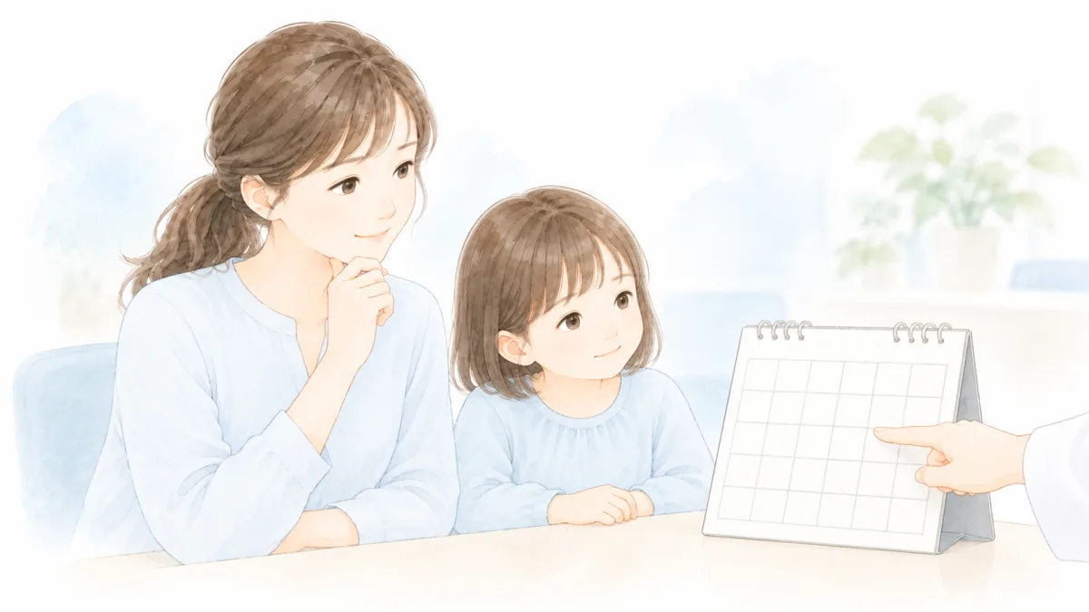 卓上カレンダーを指して次の受診時期を説明され、確認する親子のイメージ