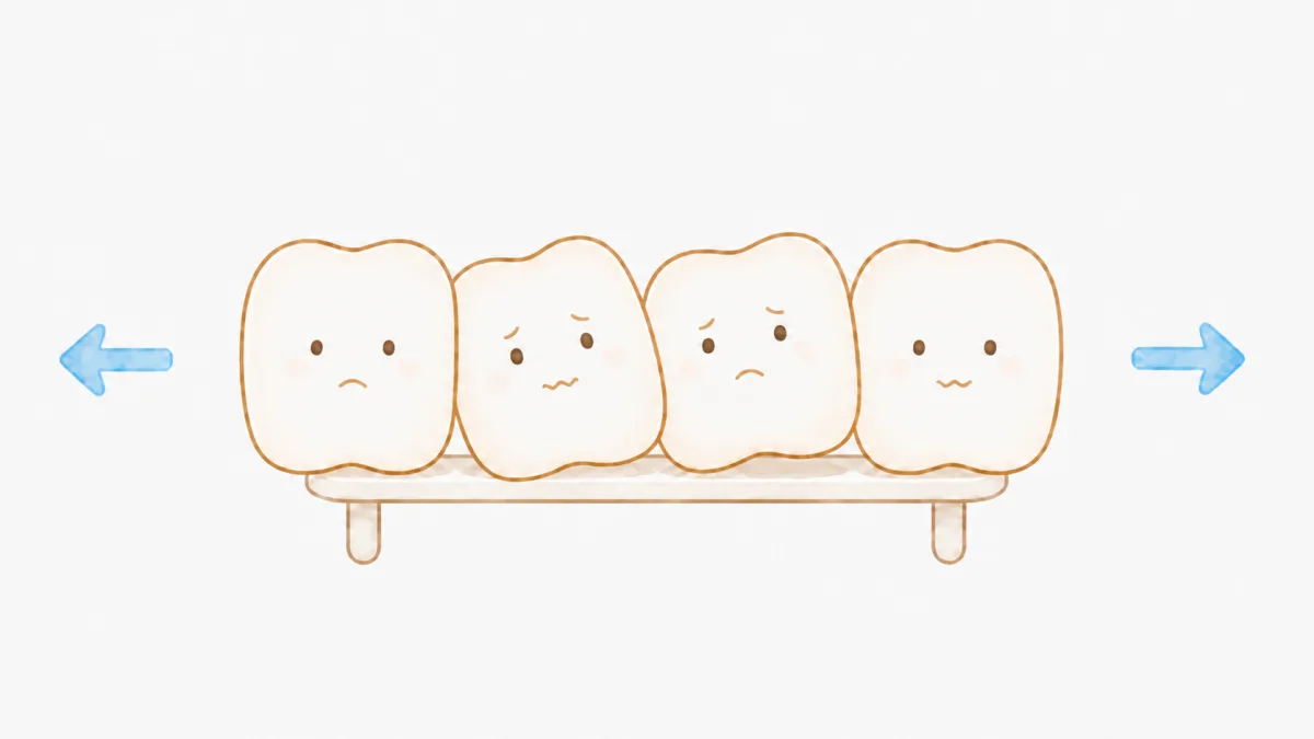 ベンチに窮屈そうに並んで座る4体の歯のキャラクターと、左右外側へ向かう矢印のイラスト