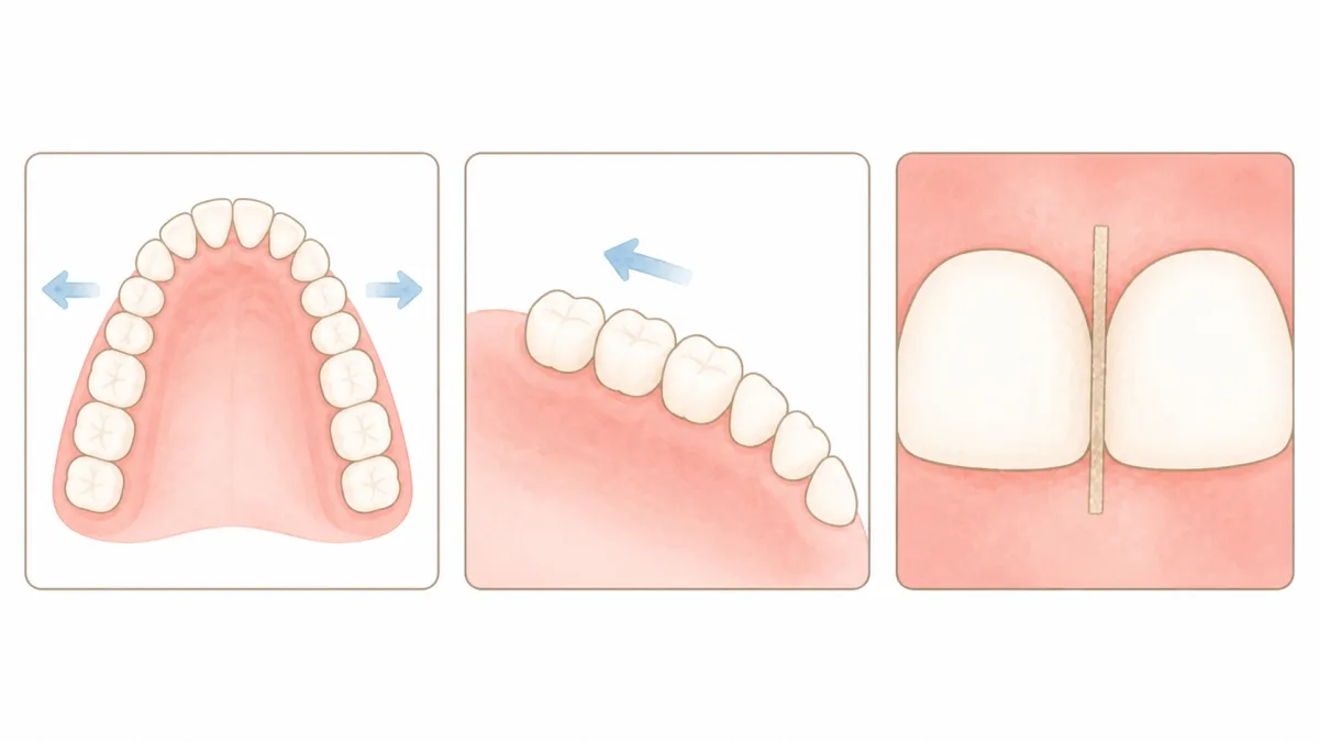 歯列を外側へ広げる拡大、奥歯を後方へ動かす遠心移動、歯の側面をわずかに削るIPRの3つを並べた模式図
