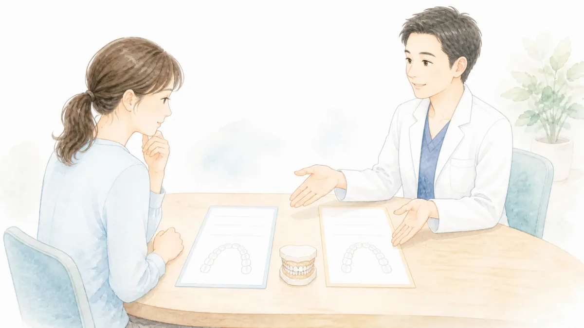 2つの治療計画書を挟んで、歯科医師が患者に説明している場面のイラスト