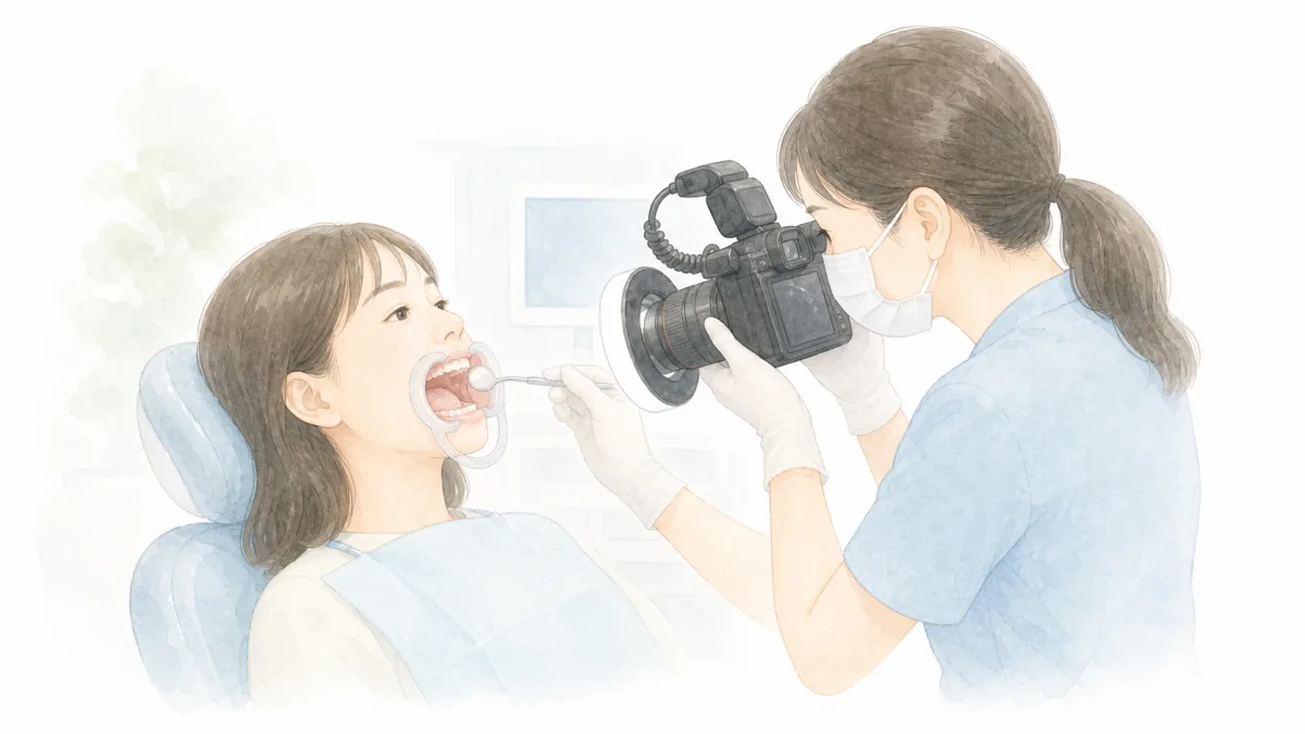診療チェアで口角鉤とカメラを使い、患者の口腔内写真を撮影しているスタッフのイラスト