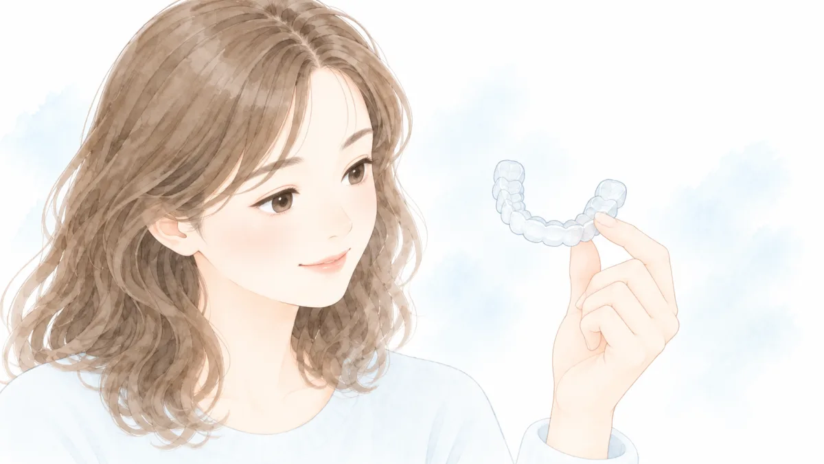 透明なマウスピース型装置を手に取り、見つめている大人の女性