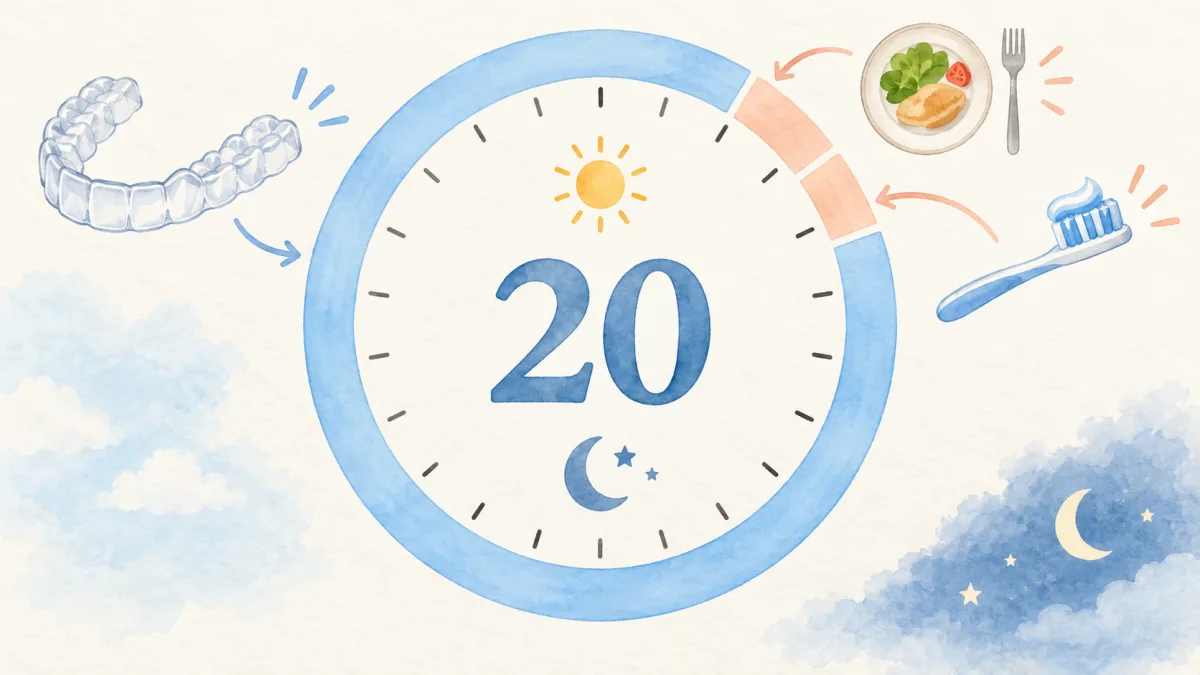 24時間の時計のうち、食事と歯みがきの時間以外はマウスピースを装着し、1日20時間以上になることを示した図