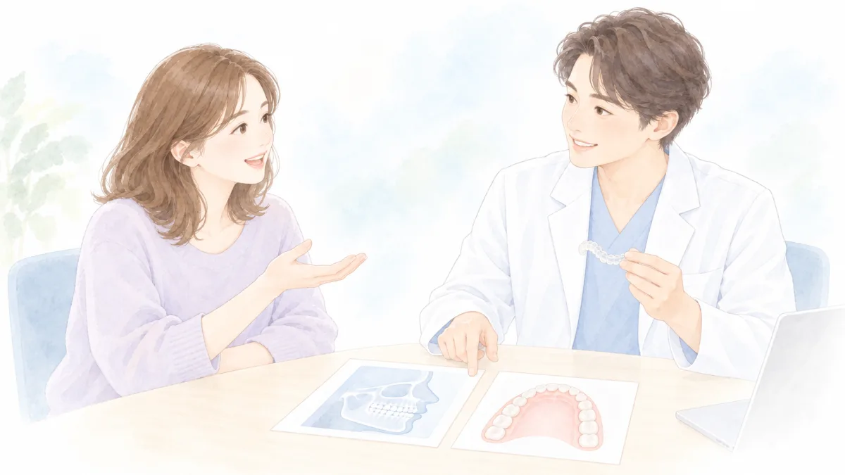 検査資料を見ながら、患者さんの希望を聞いてマウスピースを手に治療方法を説明する矯正歯科医