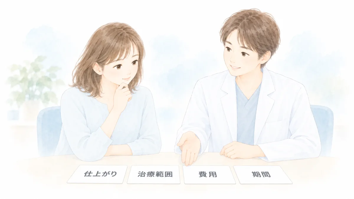 仕上がり、治療範囲、費用、期間の4枚のカードを確認する患者と矯正歯科医