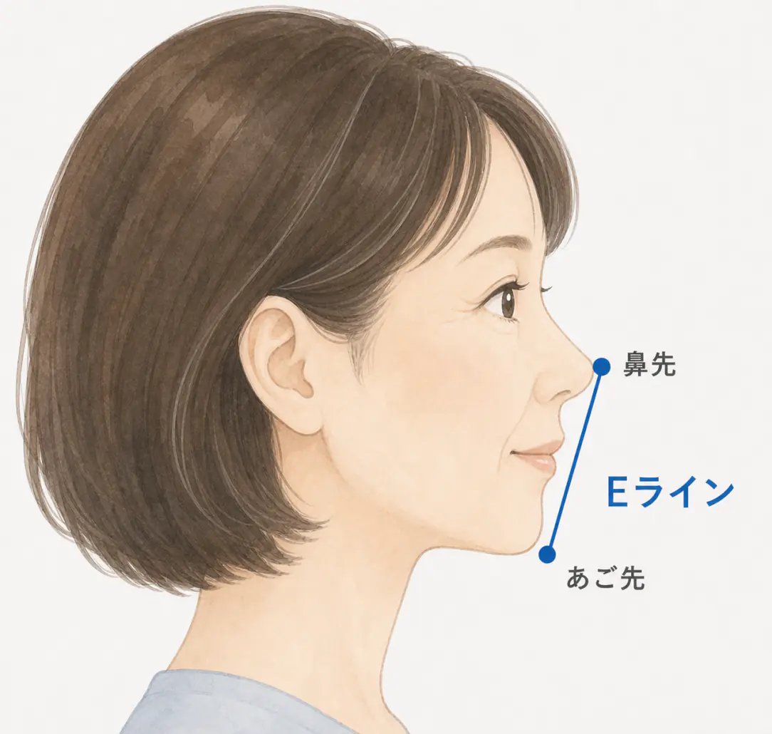 鼻先とあご先を結ぶEラインの位置を示した横顔のイラスト